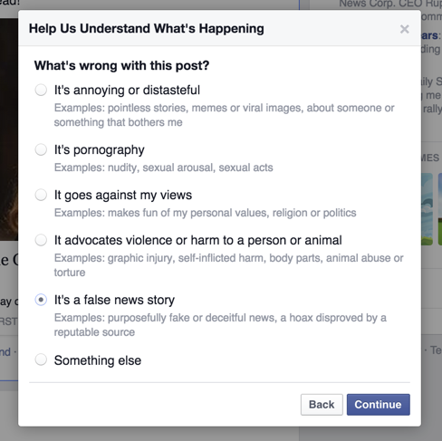 news feed facebook denuncia storie false